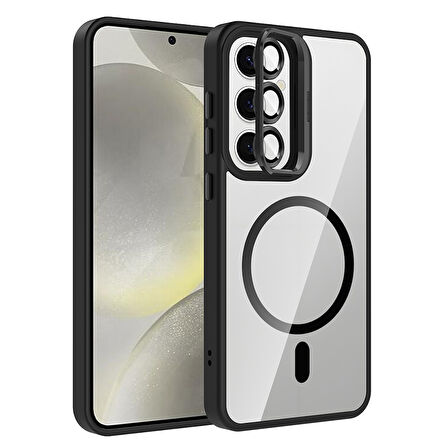 Galaxy S25 Kılıf Standlı ve Kamera Lens Hediyeli M-Safe Şarj Özellikli UCY Etro Kapak - Siyah