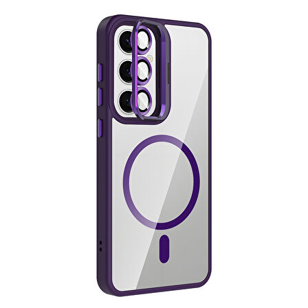 Galaxy S24 Kılıf Standlı ve Kamera Lens Hediyeli M-Safe Şarj Özellikli SYS Etro Kapak - Gri