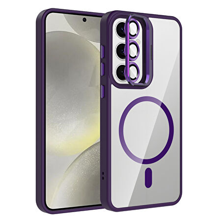 Galaxy S25 Kılıf Standlı ve Kamera Lens Hediyeli M-Safe Şarj Özellikli ZYL Etro Kapak - Lacivert