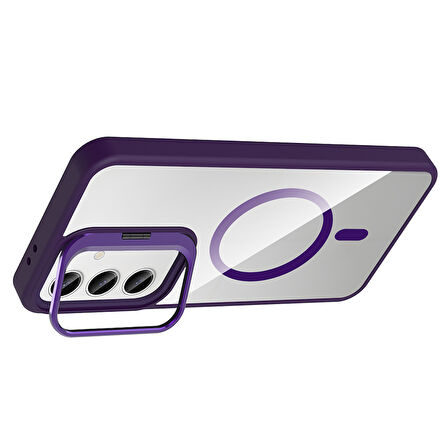 Galaxy S25 Kılıf Standlı ve Kamera Lens Hediyeli M-Safe Şarj Özellikli FRMS Etro Kapak - Pembe