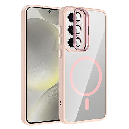 Galaxy S24 Kılıf Standlı ve Kamera Lens Hediyeli M-Safe Şarj Özellikli MXSP Etro Kapak - Pembe