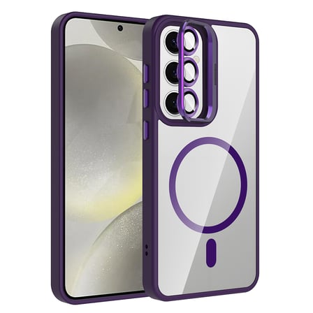 Galaxy S24 Kılıf Standlı ve Kamera Lens Hediyeli M-Safe Şarj Özellikli NRTK Etro Kapak - Derin Mor