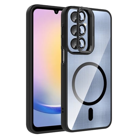 Galaxy A25 Kılıf Standlı ve Kamera Lens Hediyeli M-Safe Şarj Özellikli OMSY Etro Kapak - Siyah