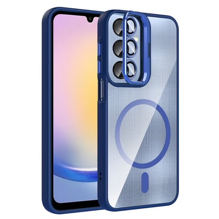 Galaxy A25 Kılıf Standlı ve Kamera Lens Hediyeli M-Safe Şarj Özellikli OMSY Etro Kapak - Lacivert