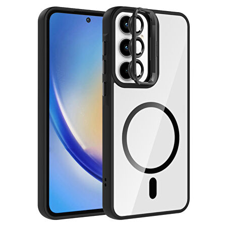 Galaxy A35 Kılıf Standlı ve Kamera Lens Hediyeli M-Safe Şarj Özellikli ALT Etro Kapak - Siyah