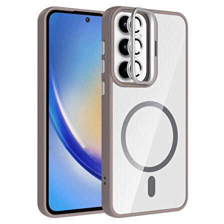 Galaxy A35 Kılıf Standlı ve Kamera Lens Hediyeli M-Safe Şarj Özellikli FRMS Etro Kapak - Gri