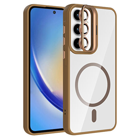 Galaxy A35 Kılıf Standlı ve Kamera Lens Hediyeli M-Safe Şarj Özellikli ZYL Etro Kapak - Gri