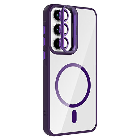 Galaxy A35 Kılıf Standlı ve Kamera Lens Hediyeli M-Safe Şarj Özellikli SYS Etro Kapak - Lacivert