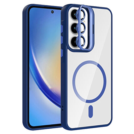 Galaxy A55 Kılıf Standlı ve Kamera Lens Hediyeli M-Safe Şarj Özellikli FRMS Etro Kapak - Lacivert