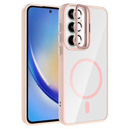 Galaxy A55 Kılıf Standlı ve Kamera Lens Hediyeli M-Safe Şarj Özellikli SYS Etro Kapak - Lacivert