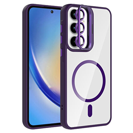Galaxy A55 Kılıf Standlı ve Kamera Lens Hediyeli M-Safe Şarj Özellikli UCY Etro Kapak - Derin Mor