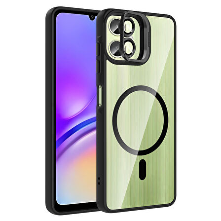 Galaxy A06 Kılıf Standlı ve Kamera Lens Hediyeli M-Safe Şarj Özellikli FRMS Etro Kapak - Siyah