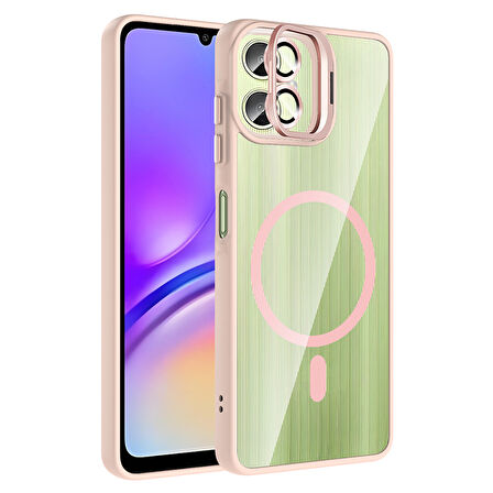 Galaxy A06 Kılıf Standlı ve Kamera Lens Hediyeli M-Safe Şarj Özellikli FRMS Etro Kapak - Pembe