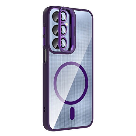 Galaxy A16 Kılıf Standlı ve Kamera Lens Hediyeli M-Safe Şarj Özellikli KLFS Etro Kapak - Gri