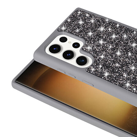 Galaxy S22 Ultra Kılıf Parlak Taşlı Tasarım ZYL Pırlanta Kapak - Siyah