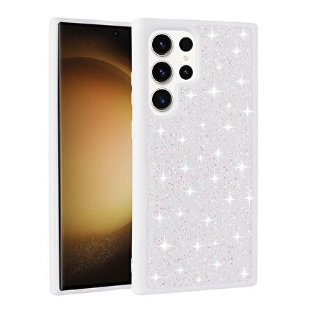 Galaxy S22 Ultra Kılıf Parlak Taşlı Tasarım UCY Pırlanta Kapak - Beyaz