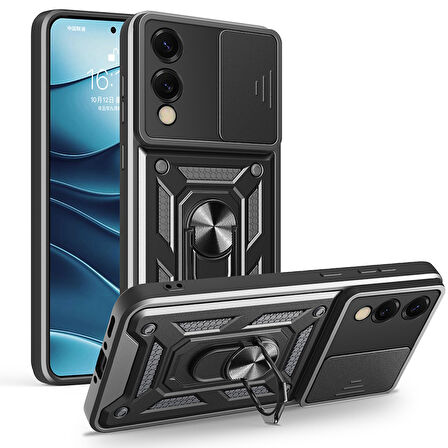 Galaxy S25 Edge Kılıf Magnetik Standlı Kamera Korumalı UCY Sürgülü Vega Kapak - Siyah