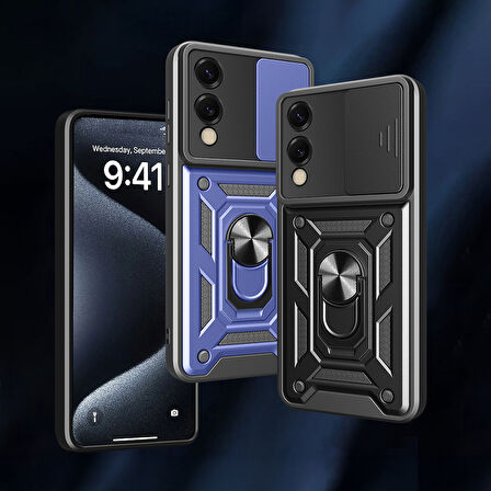 Galaxy S25 Edge Kılıf Magnetik Standlı Kamera Korumalı EFFX Sürgülü Vega Kapak - Mavi