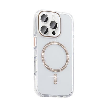 iPhone 15 Pro Max Kılıf Taşlı Tasarım M-safe Şarj Özellikli NRTK Koment Silikon Kapak - Gold
