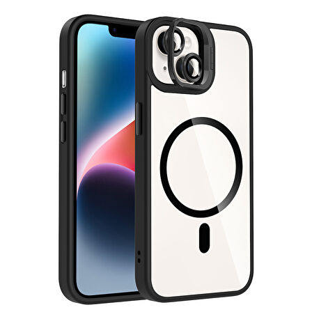 iPhone 13 Kılıf Standlı ve Kamera Lens Hediyeli M-Safe Şarj Özellikli FRMS Etro Kapak - Siyah