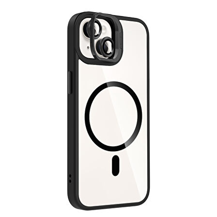 iPhone 13 Kılıf Standlı ve Kamera Lens Hediyeli M-Safe Şarj Özellikli KLFS Etro Kapak - Siyah