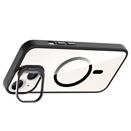iPhone 13 Kılıf Standlı ve Kamera Lens Hediyeli M-Safe Şarj Özellikli KLFS Etro Kapak - Siyah