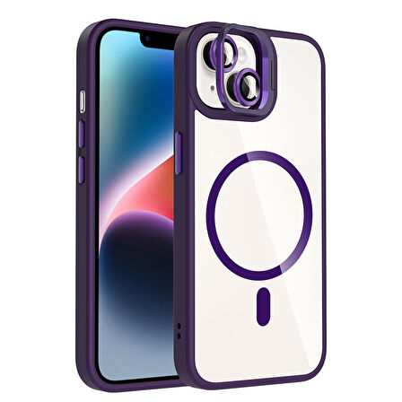 iPhone 13 Kılıf Standlı ve Kamera Lens Hediyeli M-Safe Şarj Özellikli UCY Etro Kapak - Derin Mor