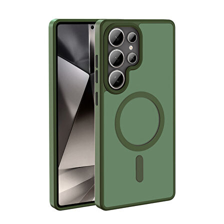 Galaxy S25 Ultra Kılıf M-safe Şarj Özellikli Mat Arka Yüzey ALT Sio Kapak - Koyu Yeşil