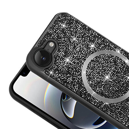 iPhone 16E Kılıf Pırlanta Tasarımlı M-safe Şarj Özellikli ZYL Mozaik Silikon Kapak - Siyah