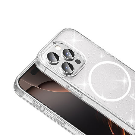 iPhone 14 Pro Max Kılıf M-safe Şarj Özellikli Parlayan Simli Saydam Renkli ALT Maris Kapak - Şeffaf