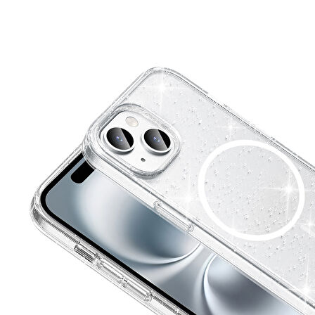 iPhone 15 Kılıf M-safe Şarj Özellikli Parlayan Simli Saydam Renkli UCY Maris Kapak - Şeffaf