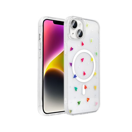 iPhone 14 Kılıf M-Safe Şarj Özellikli Şeffaf MKST Folk Sert Kapak - Kalp