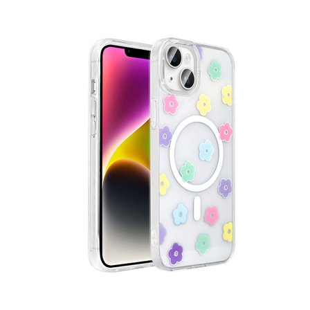 iPhone 15 Kılıf M-Safe Şarj Özellikli Şeffaf MKST Folk Sert Kapak - Papatya