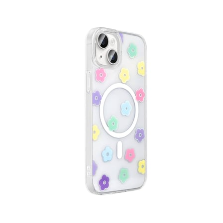 iPhone 15 Kılıf M-Safe Şarj Özellikli Şeffaf MKST Folk Sert Kapak - Papatya