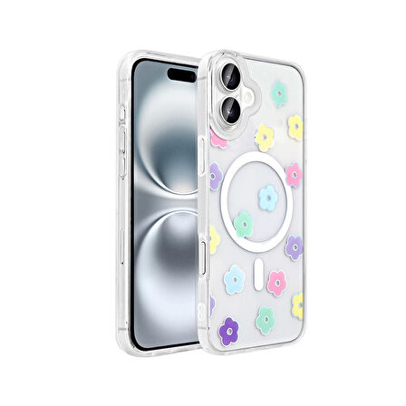 Apple iPhone 16 Kılıf M-Safe Şarj Özellikli Şeffaf Zore Folk Sert Kapak