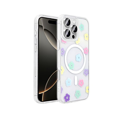 iPhone 16 Pro Kılıf M-Safe Şarj Özellikli Şeffaf NRTK Folk Sert Kapak - Papatya