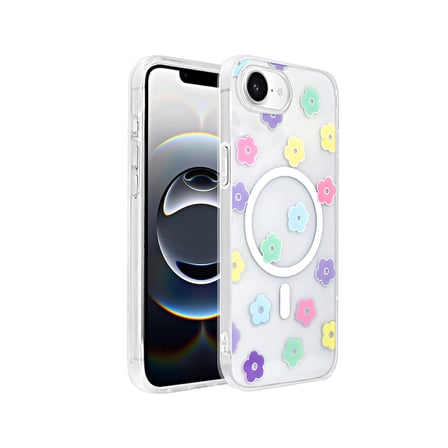 iPhone 16E Kılıf M-Safe Şarj Özellikli Şeffaf MKST Folk Sert Kapak - Çilek