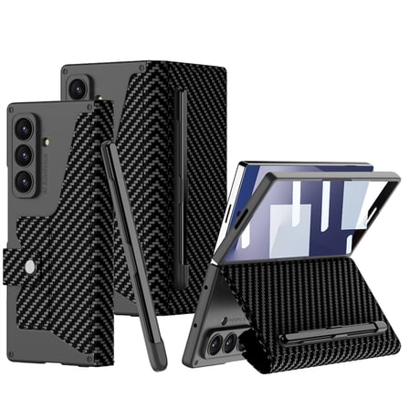 Galaxy Z Fold 7 Kılıf Kamera Korumalı Karbon Tasarımlı MKST Kıpta Kalem Bölmeli Fest Kapak - Siyah