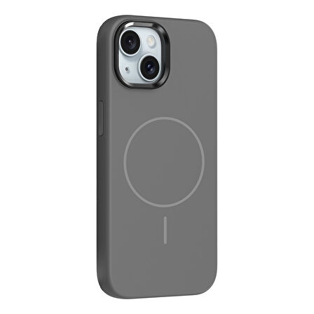 iPhone 14 Kılıf M-Safe Şarj Özellikli Metal Kamera Çerçeveli UCY Edi Silikon Kapak - Koyu Gri