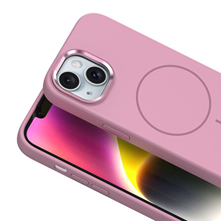 iPhone 14 Kılıf M-Safe Şarj Özellikli Metal Kamera Çerçeveli FRMS Edi Silikon Kapak - Pembe