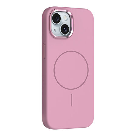 iPhone 14 Kılıf M-Safe Şarj Özellikli Metal Kamera Çerçeveli UCY Edi Silikon Kapak - Pembe