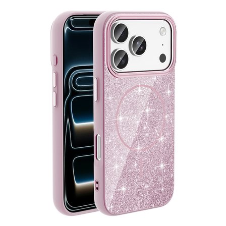 iPhone 17 Pro Max Kılıf M-safe Şarj Özellikli Parlayan Simli NRTK Okso Kapak - Pembe