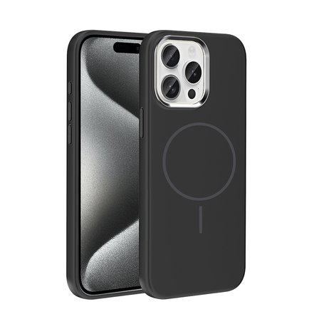 iPhone 15 Pro Max Kılıf M-Safe Şarj Özellikli Metal Kamera Çerçeveli NRTK Edi Silikon Kapak - Siyah