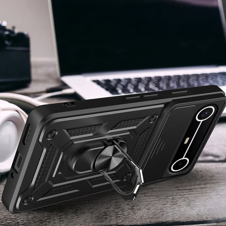 Tecno Spark Slim 5G Kılıf Magnetik Standlı Kamera Korumalı MKST Sürgülü Vega Kapak - Siyah