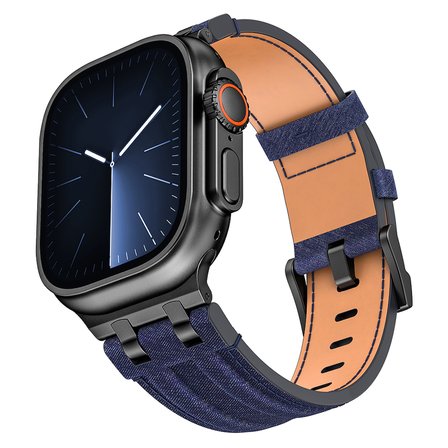 Watch Ultra 49mm MKST KRD-153 Premium Kot Kumaş / Metal Tasarımlı Kordon - Siyah-Mavi
