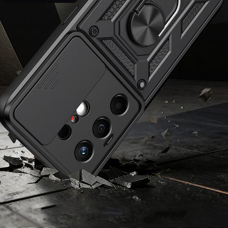 Tecno Camon 50 Kılıf Magnetik Standlı Kamera Korumalı MKST Sürgülü Vega Kapak - Siyah