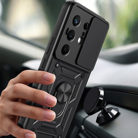 Tecno Camon 50 Kılıf Magnetik Standlı Kamera Korumalı MKST Sürgülü Vega Kapak - Siyah