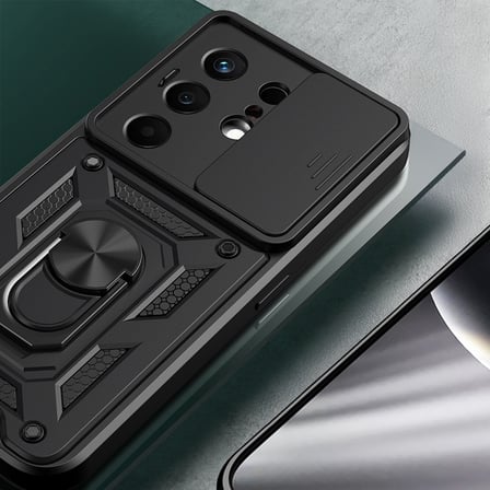 Tecno Camon 50 Kılıf Magnetik Standlı Kamera Korumalı MKST Sürgülü Vega Kapak - Siyah