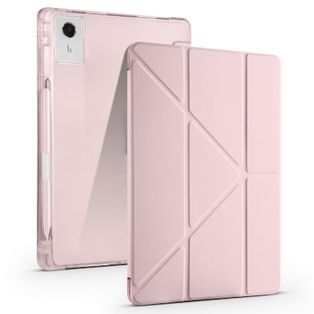 Lexroo Lenovo Idea Tab Plus 12.1 Tri Folding Kalem Bölmeli Standlı Silikon Kılıf - Rose Gold