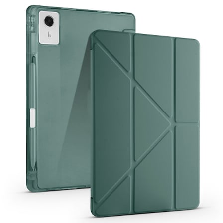 Lexroo Lenovo Idea Tab Plus 12.1 Tri Folding Kalem Bölmeli Standlı Silikon Kılıf - Koyu Yeşil
